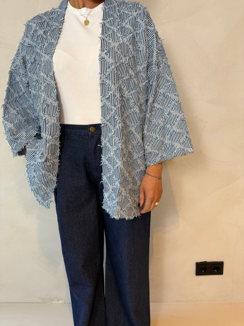 1️⃣ Kimmy light denim kimono met structuur dames
2️⃣ Sustainable denim kimono leftover fabric light blue
3️⃣ Light denim kimono onesize model draagt M
4️⃣ Kimmy light denim kimono gecombineerd met basic top